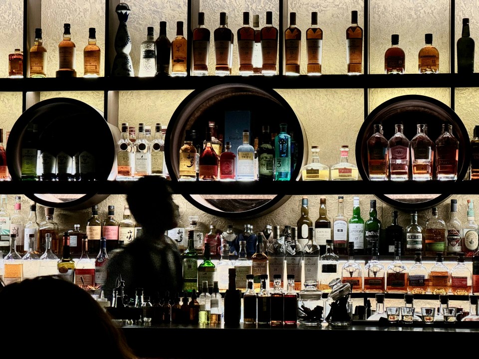 Silhouette of bartender with illuminated bottles