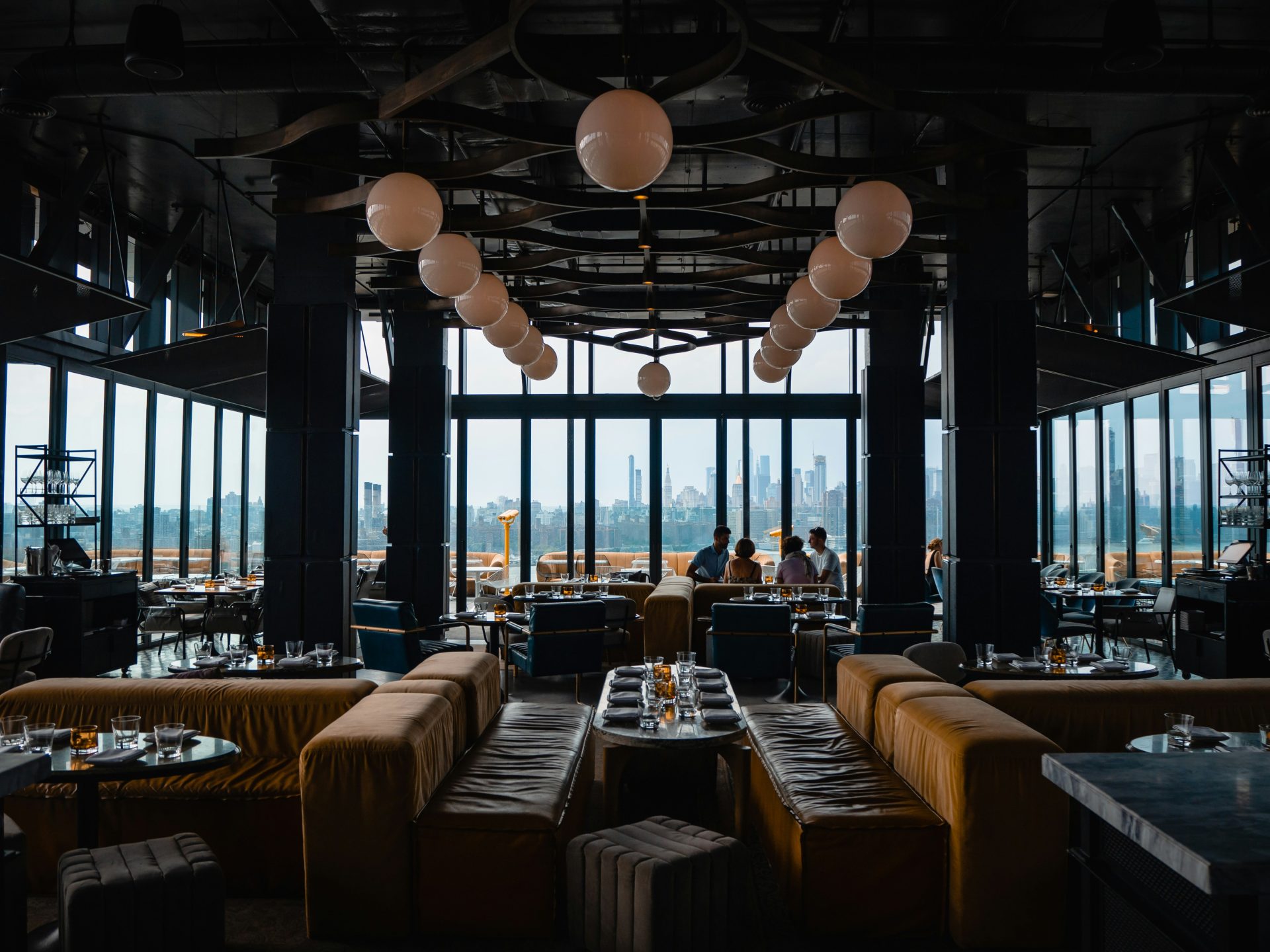 Modern restaurant with city skyline view